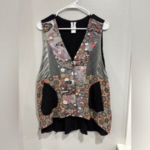 YASUKO Vest Womens Medium/Large Black Kimono Silk Pockets 1 Button Oriental Art